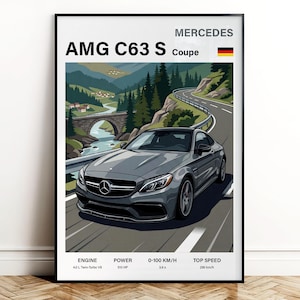 May include: A framed print of a grey Mercedes AMG C63 S Coupe on a mountain road. The print includes details: 4.0 L Twin-Turbo V8 engine, 510 HP, 0-100 km/h in 3.9 seconds, and a top speed of 290 km/h. The print is labeled 'MERCEDES' and 'AMG C63 S Coupe'.