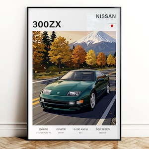 May include: A framed print featuring a green Nissan 300ZX sports car on a road with a mountain backdrop. The print includes the text "300ZX" and "NISSAN", along with engine and speed specifications. The car is depicted in a scenic autumn landscape.