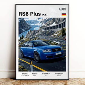 Puede incluir: Un póster enmarcado con un Audi RS6 Plus (C5) azul en una carretera de montaña. El póster incluye el texto "RS6 Plus (C5)" y "AUDI". El motor del coche es un 4.2 L Twin-Turbo V8, con 473 CV, 0-100 KM/H en 4,4 s y una velocidad máxima de 280 km/h.