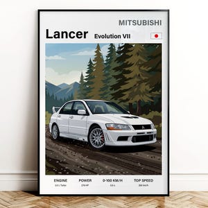 May include: White Mitsubishi Lancer Evolution VII poster. The car is depicted on a dirt road with a forest backdrop. The poster includes the car's engine, power, 0-100 km/h time, and top speed.