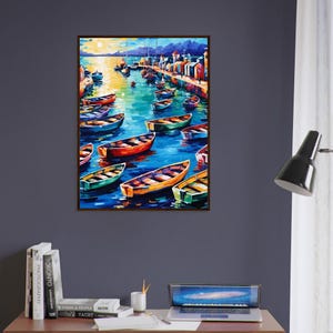 Serene Harbor Sunset Mounted Framed Poster - Stunning Boat Art for Home Decor
