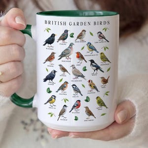 May include: A white ceramic mug with a dark green interior and handle, featuring a detailed illustration of various birds labelled British Garden Birds. The design includes small green leaf accents scattered among the colourful bird species.