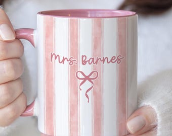 Personalised Mrs Mug Pink Striped Custom Bride Mug Wedding Engagement Gifts