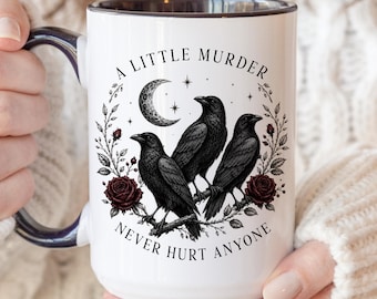 Un pequeño asesinato nunca le hizo daño a nadie Taza con forma de cuervo, divertida taza de café gótica con temática de brujas, regalos de cuervos, regalo de pájaros