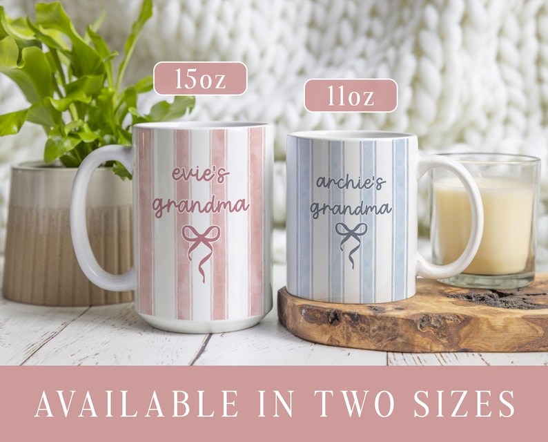 May include: Two ceramic mugs with vertical striped patterns. One mug is pink and the other is blue. Each mug has a white handle and the words "evie's grandma" and "archie's grandma" printed on them, respectively. The mugs are available in 15oz and 11oz sizes.