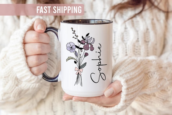 Birth Flower Mug - Custom Name Mug Cup - Personalised Gifts For Women & Girls - Birthday Gift For Her - Gift For Mum - Gift For Daughter