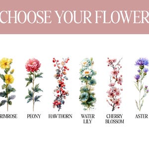 May include: Watercolor illustration featuring six different flowers: primrose, peony, hawthorn, water lily, cherry blossom, and aster. The text "CHOOSE YOUR FLOWER" is at the top, with each flower's name below it.