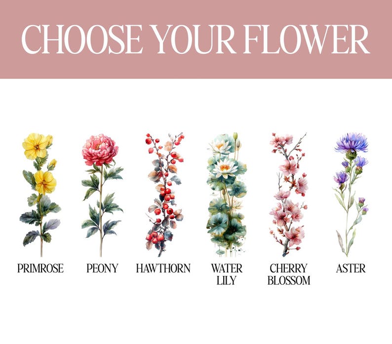 May include: Watercolor illustration featuring six different flowers: primrose, peony, hawthorn, water lily, cherry blossom, and aster. The text "CHOOSE YOUR FLOWER" is at the top, with each flower's name below it.