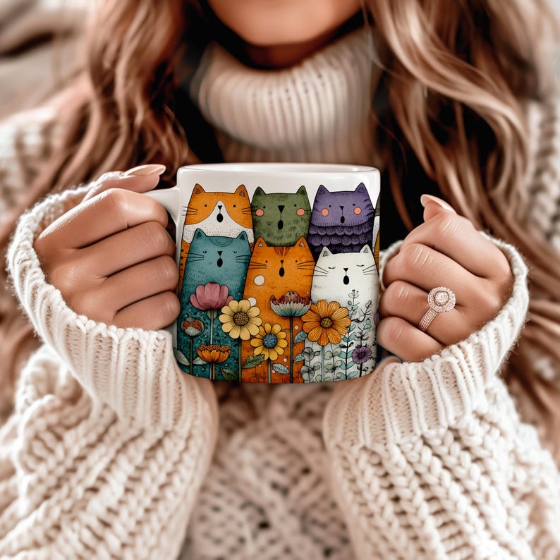 Może przedstawiać: Biały ceramiczny kubek z kolorową ilustracją kresk&oacute;wkowych kot&oacute;w i kwiat&oacute;w. Koty są w r&oacute;żnych kolorach, w tym pomarańczowym, zielonym, niebieskim i fioletowym. Kwiaty są ż&oacute;łte, r&oacute;żowe i białe. Kubek jest trzymany przez osobę w kremowym swetrze.