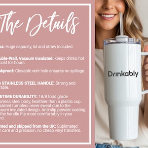 May include: White 40oz insulated tumbler with a handle, lid, and straw. The tumbler has the word "Drinkably" printed on it. Features include a double-wall, vacuum-insulated design, a leakproof closure, and a stainless steel handle.