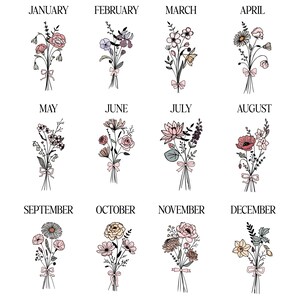 May include: A collection of twelve floral bouquets, each representing a month of the year. The bouquets are tied with a ribbon and feature various flowers in shades of pink, peach, and green, with the month's name above each bouquet.