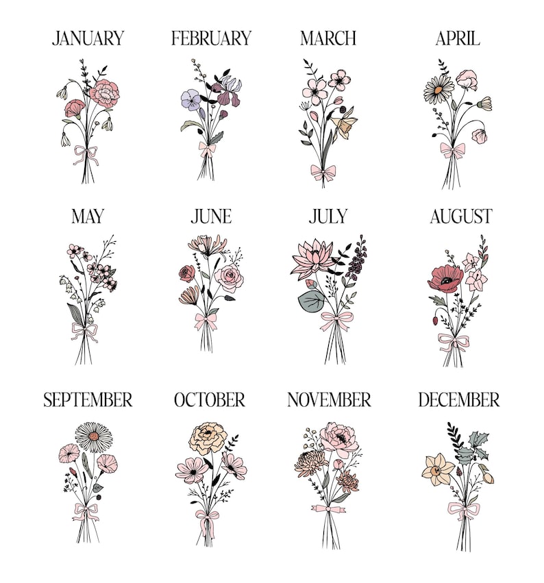 May include: A collection of twelve floral bouquets, each representing a month of the year. The bouquets are tied with a ribbon and feature various flowers in shades of pink, peach, and green, with the month's name above each bouquet.