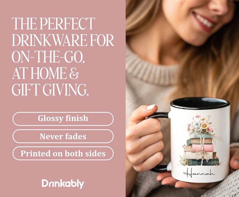 May include: White ceramic mug with a black interior and handle, featuring a floral and book design. The mug has the name "Hannah" printed on it. The text on the mug says "Glossy finish", "Never fades", and "Printed on both sides".