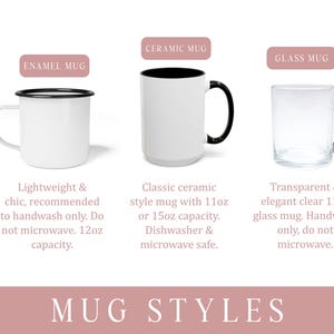 May include: An image showcasing three mug styles: an enamel mug, a ceramic mug, and a glass mug. The enamel mug is white with a black rim, the ceramic mug is white with a black interior and handle, and the glass mug is transparent.
