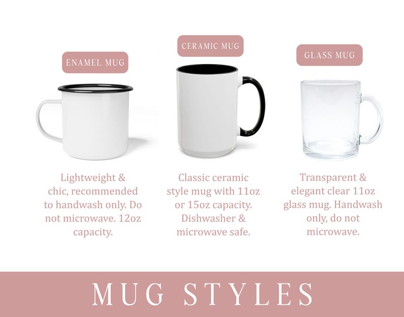 May include: An image showcasing three mug styles: an enamel mug, a ceramic mug, and a glass mug. The enamel mug is white with a black rim, the ceramic mug is white with a black interior and handle, and the glass mug is transparent.