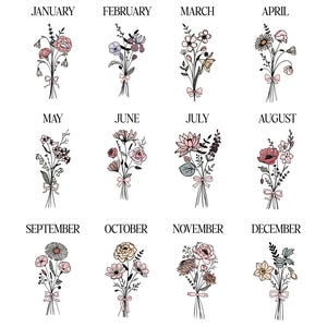 May include: A grid of twelve floral illustrations, each representing a month from January to December. Every bouquet features distinct line-drawn flowers with soft pastel accents and a small bow, labeled with the corresponding month name in black.