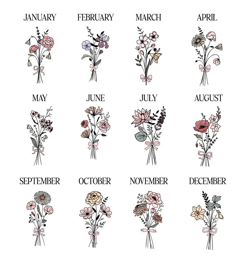 May include: A grid of twelve floral illustrations, each representing a month from January to December. Every bouquet features distinct line-drawn flowers with soft pastel accents and a small bow, labeled with the corresponding month name in black.