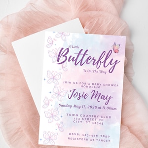 Una piccola farfalla è in arrivo - Invito per baby shower modificabile / Rosa, viola e blu l Bambina