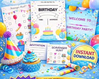 Kids Birthday Party Printable Bundle | Invitation, Scavenger Hunt, Welcome Sign | Instant Download Party Pack