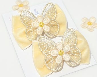 Baby Toddler Set Of Two Butterfly Bow Hair Ties, Cream Velvet Bows, Soft Mini Hairbands