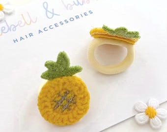 Baby Toddler Set Of Two Pineapple Hair Ties, Soft Mini First Hairbands, Fruit Hair Bobbles, Embroidered Hair Ties