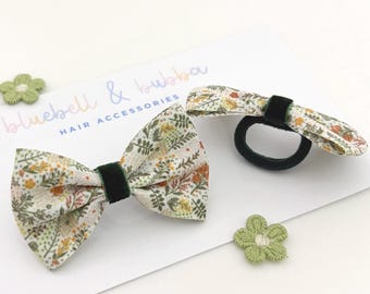 Baby Toddler Green and Beige Bow Hair Ties, Set Of Two, Mini Soft Hairbands, Autumn Hair Bobbles, Forest Theme Accessories
