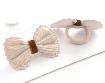Baby Toddler Beige Corduroy Bow Hair Ties, Set Of Two, Soft Mini Hairbands