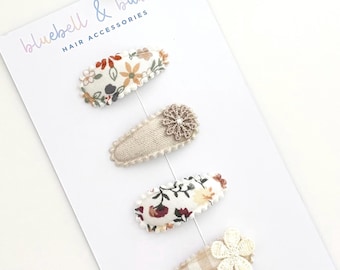 Baby Toddler Snap Hair Clip Set Of Four, Small Fringe Clips, Cotton Fabric