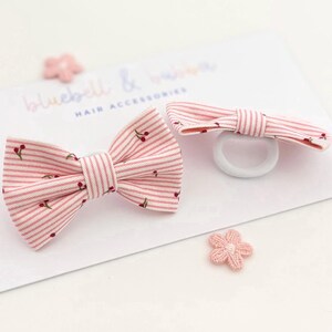 Baby Toddler Set Of Two Pink Cherry Candy Stripe Bow Hair Ties, Soft Mini Bobbles, First Hair Bows