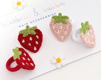 Baby Toddler Set Of Two Strawberry Hair Ties, Soft Mini First Hairbands, Red Or Pink Berry Hair Bobbles, Berry Sweet Birthday Party,