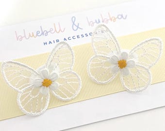 Baby Toddler Set Of Two White Butterfly Daisy Hair Ties, Toddler Soft Mini Hairbands