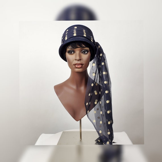 1960s Cutie Cloche • Navy Blue Straw with Flirty Flocked Dots Sophisticate Scarf • MAGGI ALEXANDER DESIGN