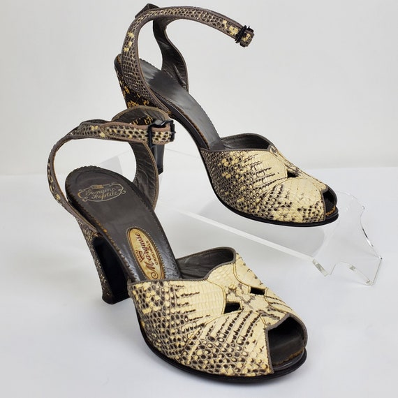 1940s Risque Reptile Siren Shoes • Peeptoe Pin-Up Heels • Dramatic Bone & Charcoal • MARQUISE ORIGINALS • Size 6