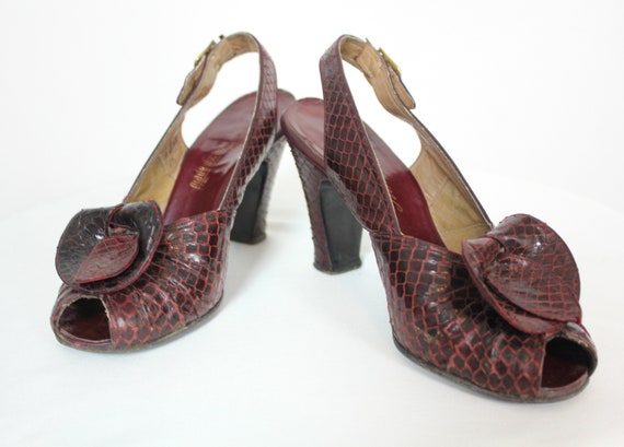 Vintage 1940s Shoes | Wine Snakeskin Peep-Toe Slin