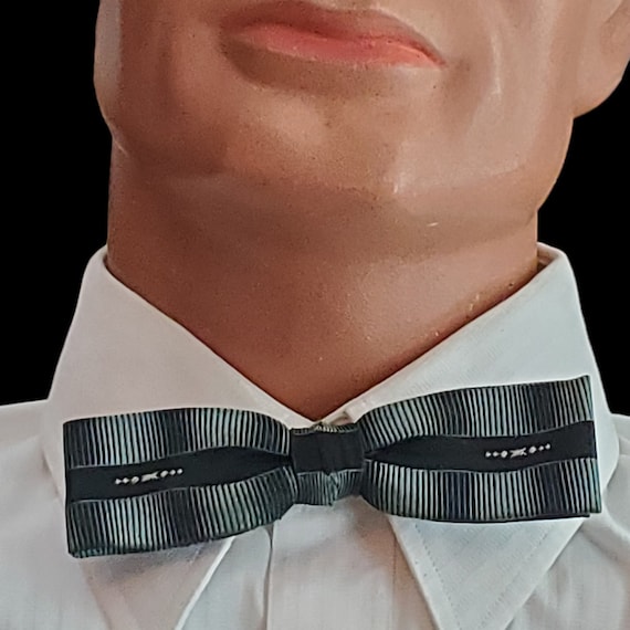 1950s 1960s Bow Tie • Black, Seafoam Green, White Ombre Stripes • HABAND Rust Resistant Clip-On