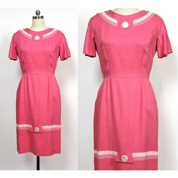 1950s Day Dress • Watermelon Pink Linen Sheath • Color Blocked Stripes • Bold Pearly Buttons • BROWN DRESS ORIGINAL • Size M (29" waist)