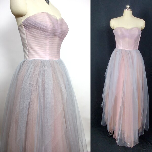 1950s Gown • Lilac Illusion Pink & Blue Tulle Fairytale Formal • Strapless Semi-Sweetheart Pleated Bodice Prom Dress • Size S (25.5" Waist)