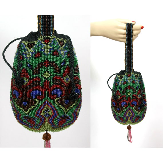 1920s Purse • Bold Beaded Reticule • Geometric Fleur-de-Lis Multicolor Motif Handbag • Sassy Tassel