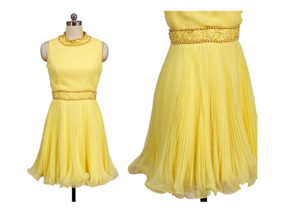 1960s Sunshine Chiffon Crystal Pleated Party Dress • Pearly Beaded Flouncy Frock • Curly Lettuce Hem • Size S/M (27.5" Waist)