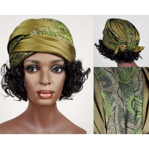 60s Does 20s Toque Turban • Green & Gold Glittering Brocade Swathed in Satin • GAGE • Size 22 1/2