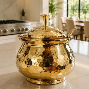 Handcrafted Hammered Brass Sugar Pot with Spoon, 4", Traditional Indian Condiment Jar