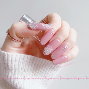 Elegant Pink Floral Press On Nails, Handmade Reusable Nails with Rhinestones, Soft Romantic Wedding Nails, Gift for He