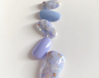 Handmade Soft Purple Marble Press On Nails, Gold Foil, Reusable Nail Art