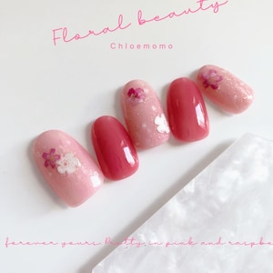 Pink and Red Press On Nails with Dried Flowers, Sakura Glitter Nails, Handmade Reusable Gel Nails for Spring or Wedding