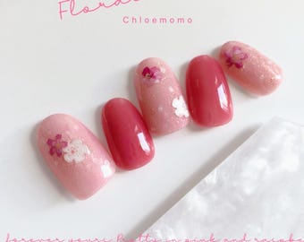 Pink Red Press On Nails with Dried Sakura Flowers, Glitter Gel Nails