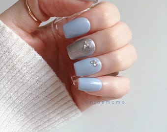 Light Blue Press-On Nails, Silver Glitter Rhinestones, Handmade Reusable False Nails