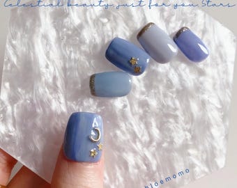 Celestial Blue Gradient Press On Nails, Moon & Star Charms, Handmade