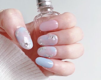 Handmade Pastel Purple Blue Silver Foil Rhinestone Press On Nails, Reusable & Elegant Custom Nails