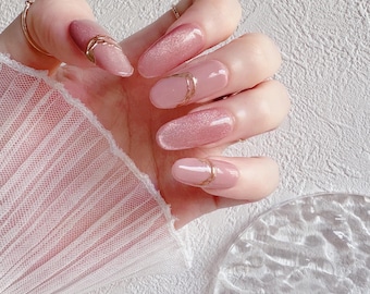Handmade Pink Cat Eye Press On Nails, Gold Icing Gel, Reusable Nail Art Set