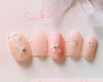 Handgemaakte Sakura Press On Nails, Japanse bloemennagelset